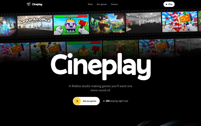 Cineplay home page: a film strip of game thumbnails above the Cineplay wordmark and a live player count