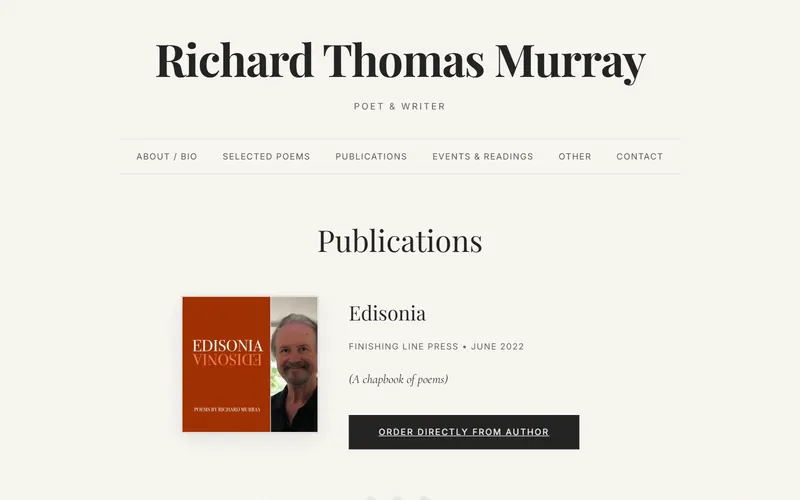 The Publications page of richardthomasmurray.com, featuring the cover of Edisonia